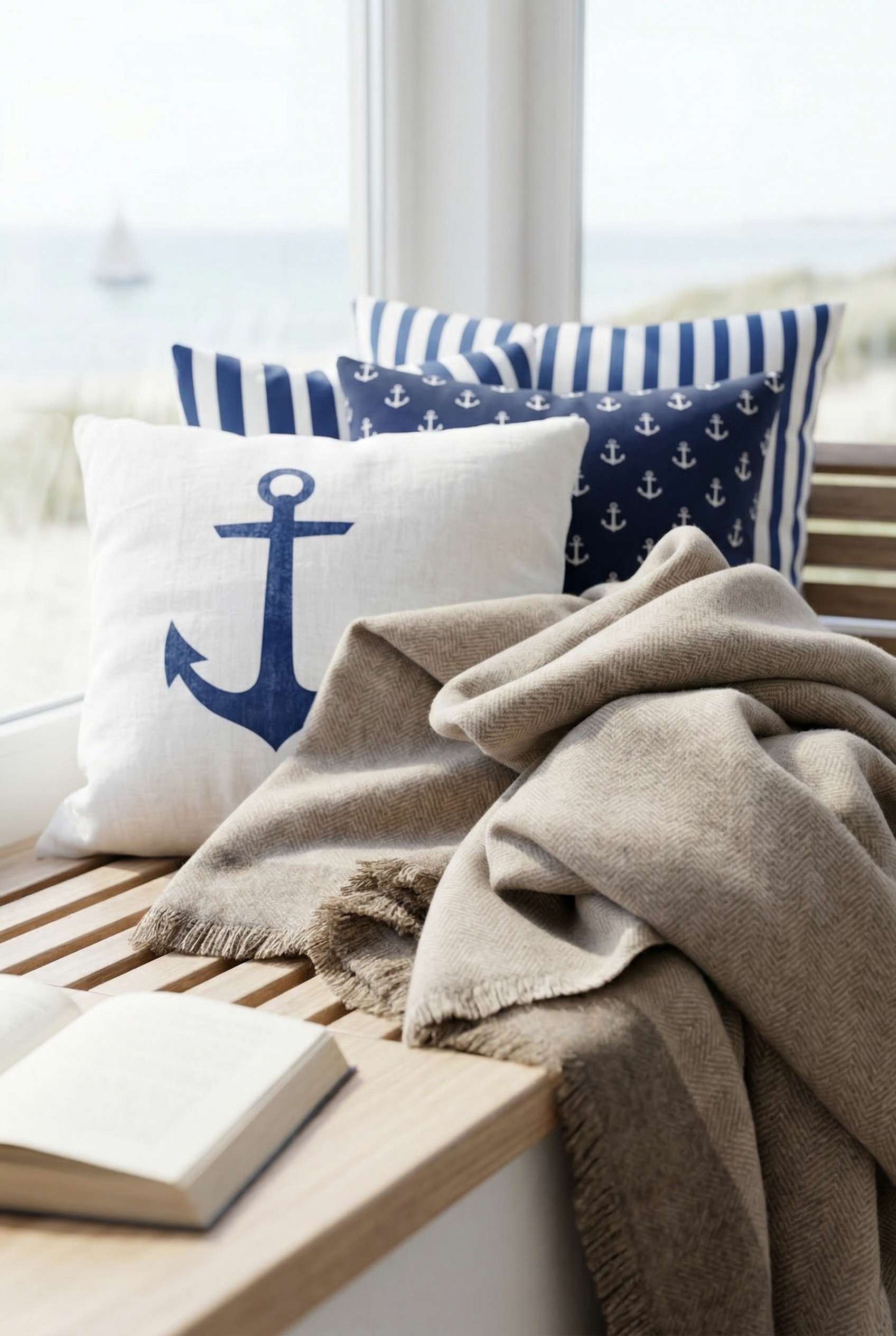 Leseecke mit Wolldecke in Beige mit Fischgradmuster und Maritimen Kissen