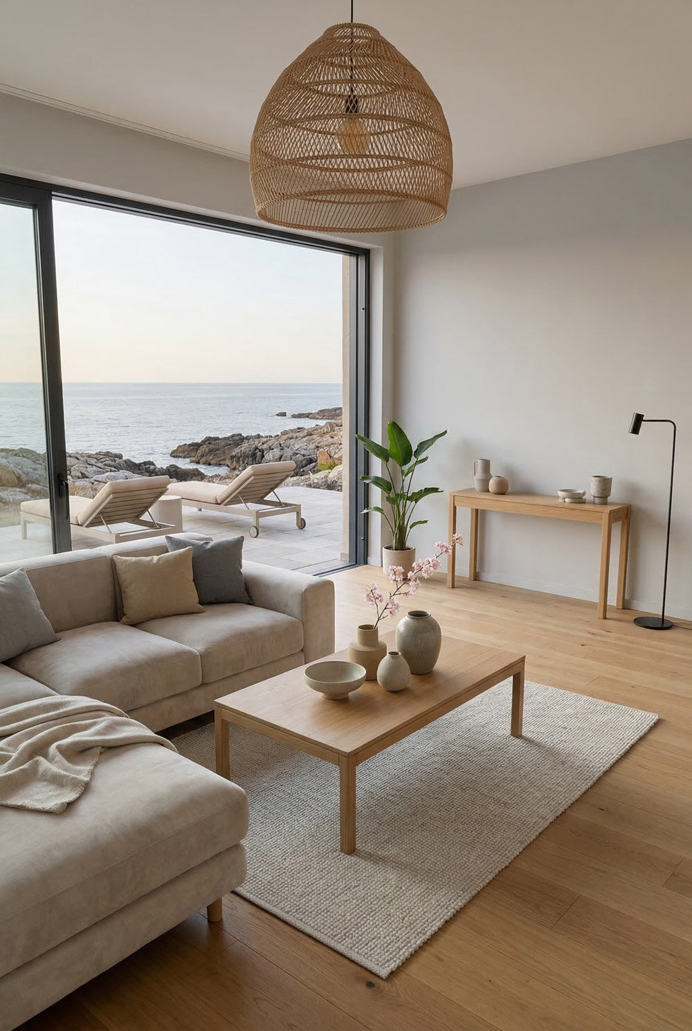 Wohnzimmer am Meer in Naturtönen Grau Creme