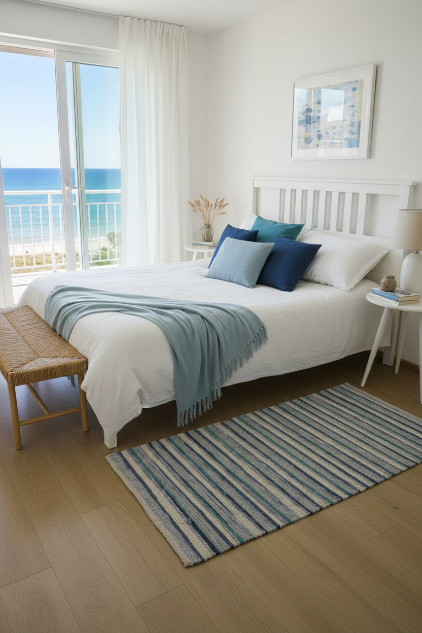 Schlafzimmer in Weiß Blautönen mit einem Blau gestreiften Bettvorleger