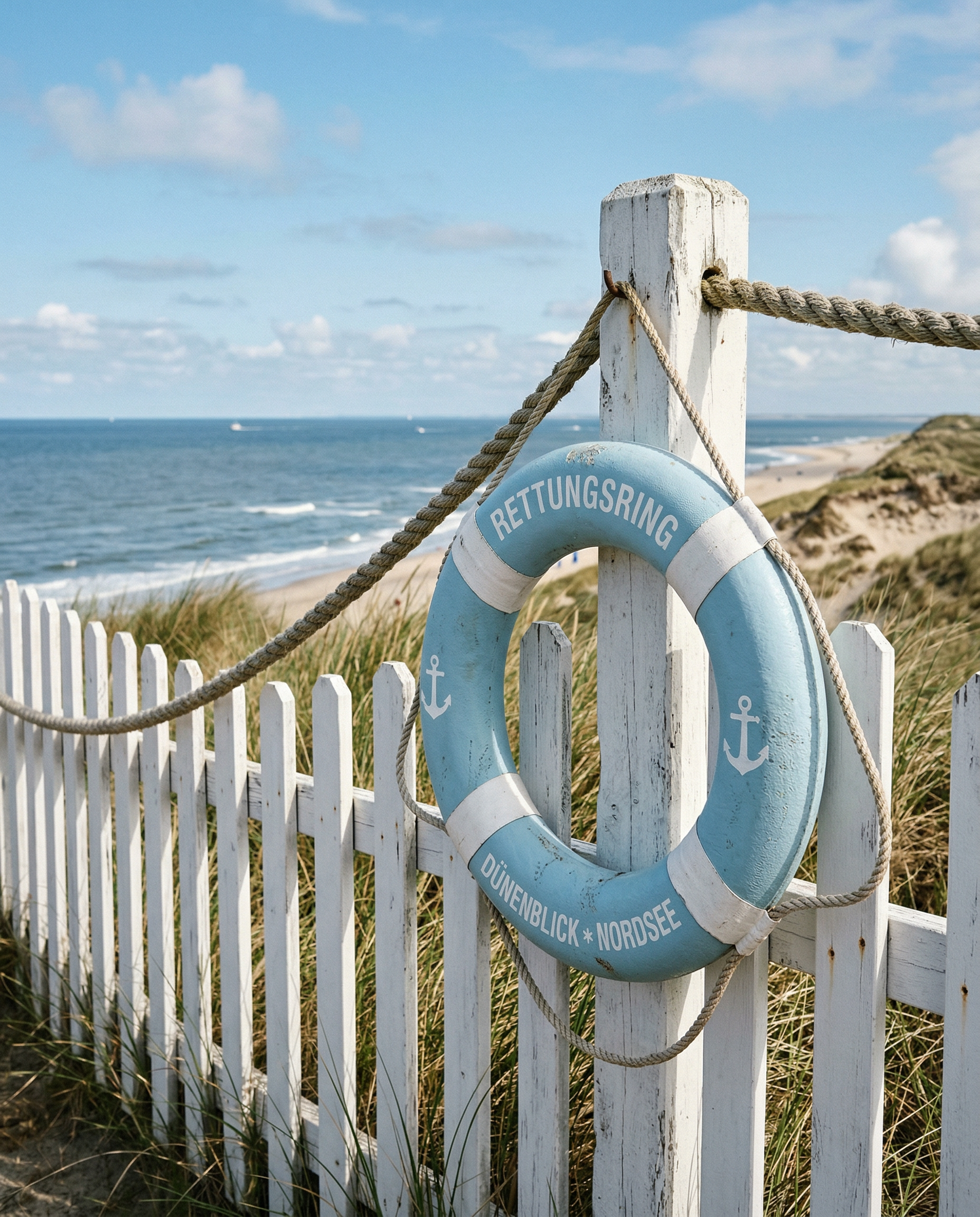 Weißer Zaun mit Rettungsring in Hellblau Weiß Dünen an der Nordsee