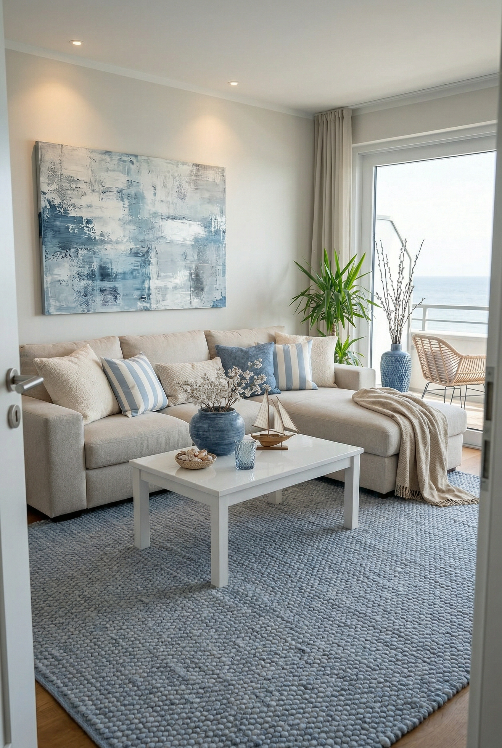 Wohnzimmer in Jeansblau und Cremetönen maritim gemütlich