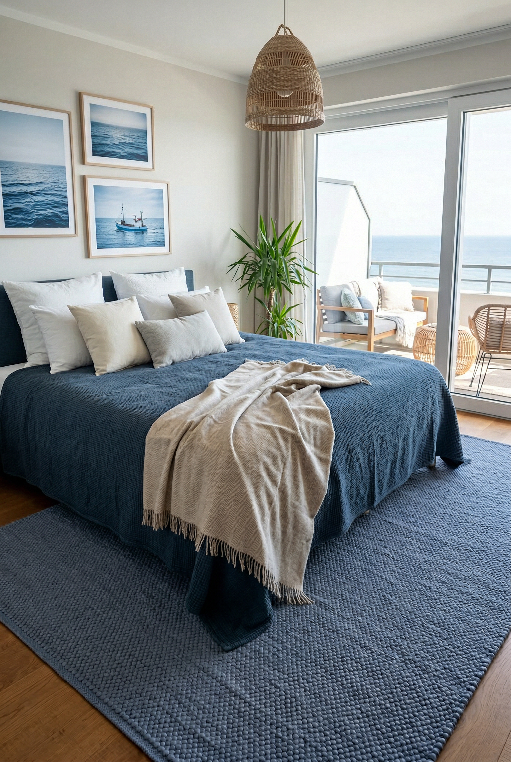 Schlafzimmer in Blautönen kombiniert mit Sandbeige