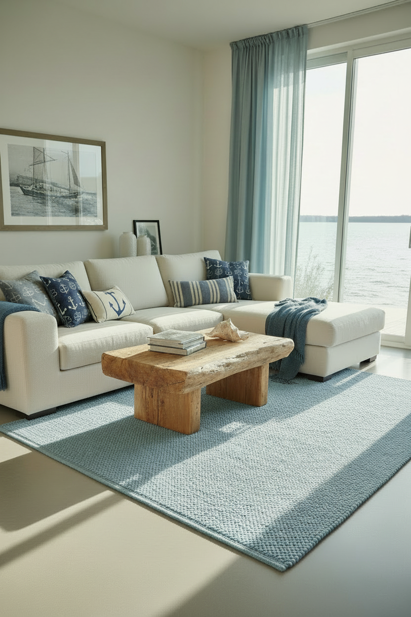 Wohnzimmer in Wasserblau Navi Creme Farbkombination in Maritimen Stil in einem modernen Einrichtungsstil am See