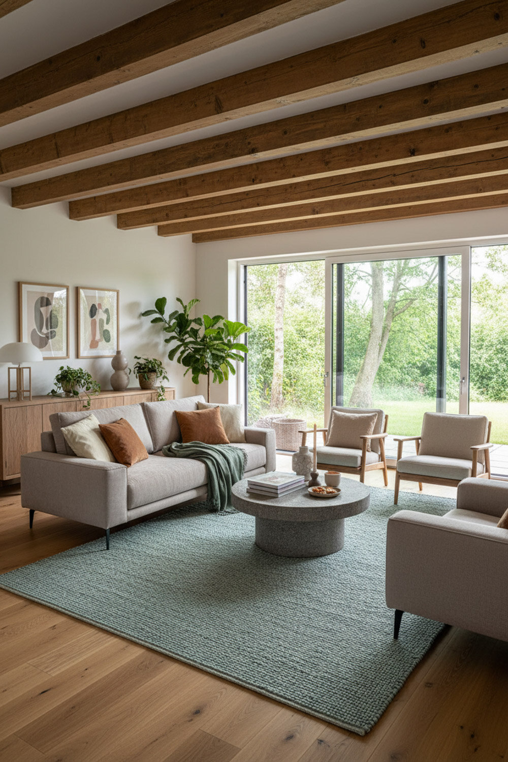Wohnzimmer in Grün Silbergrau und Cotta Skandistil