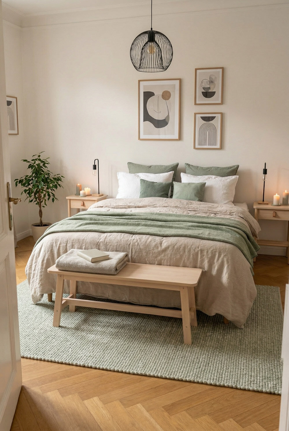 Schlafzimmer in grün und beige im skandinavischen Stil eingerichtet