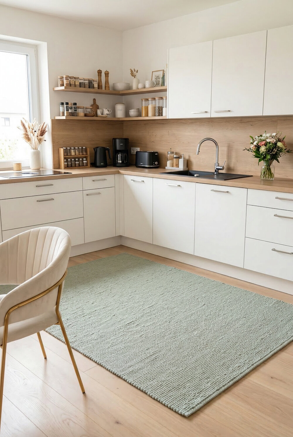helle minimalistische Küche mit Teppich in Lindgrün Salbeigrün Weiß Creme Eiche