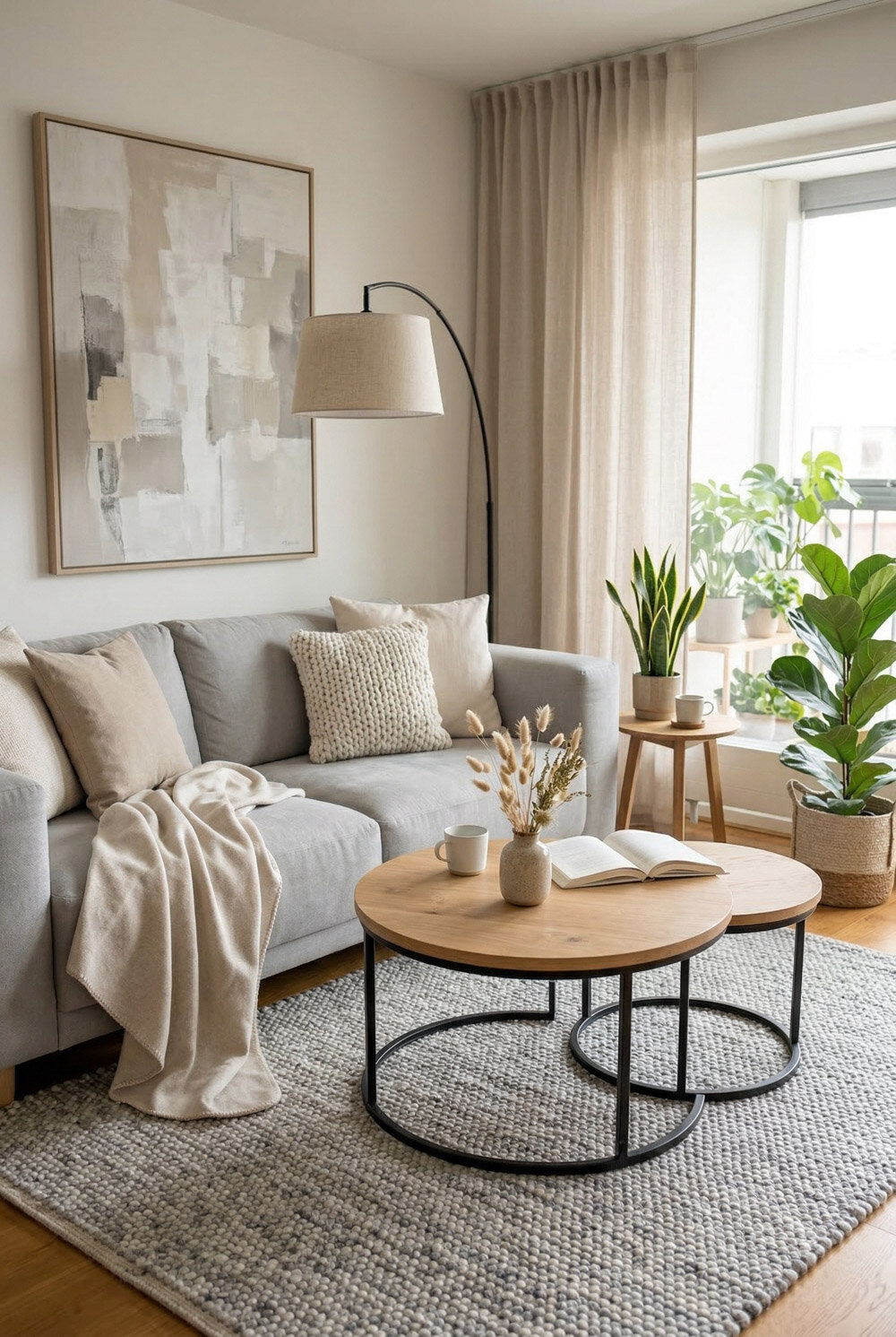 Wohnzimmer mit Grau meliertem Wollteppich mit skandinavischem Interior