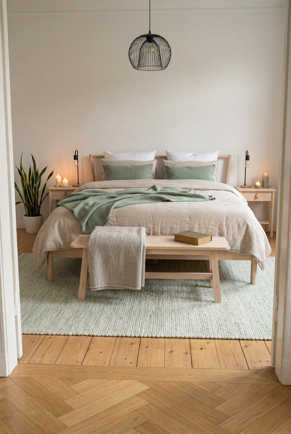 gemütliches Schlafzimmer in Grün und Beigetönen im minimalistischem skandistil