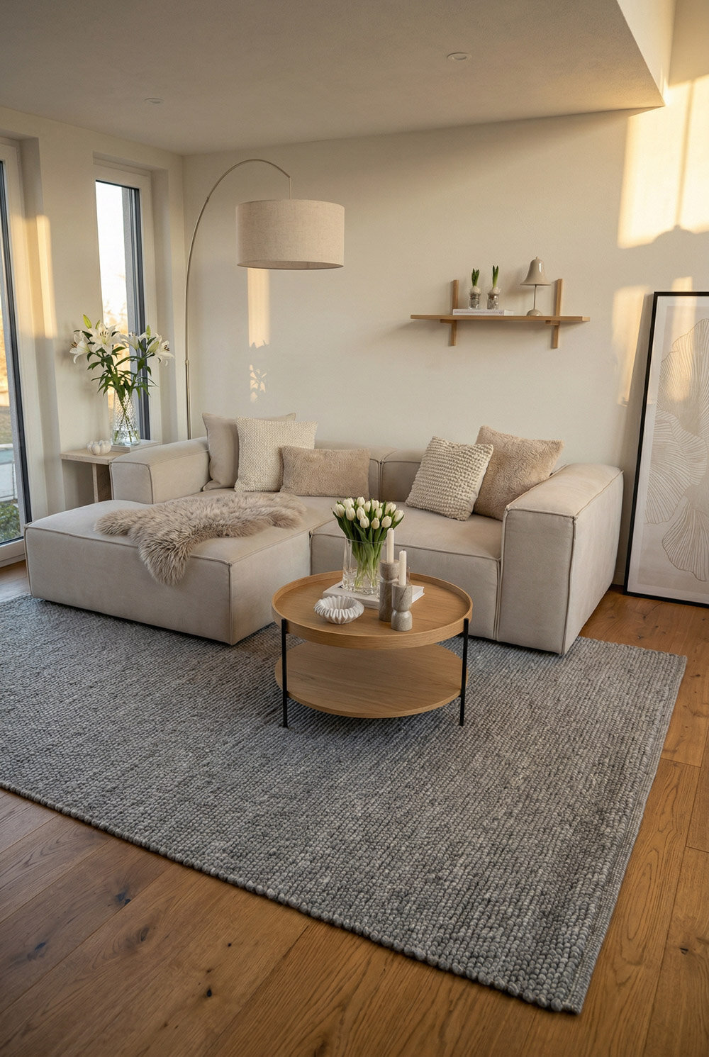 Wohnzimmer mit Grauen Wollteppich und moderner Couch in Greige im Skandistil