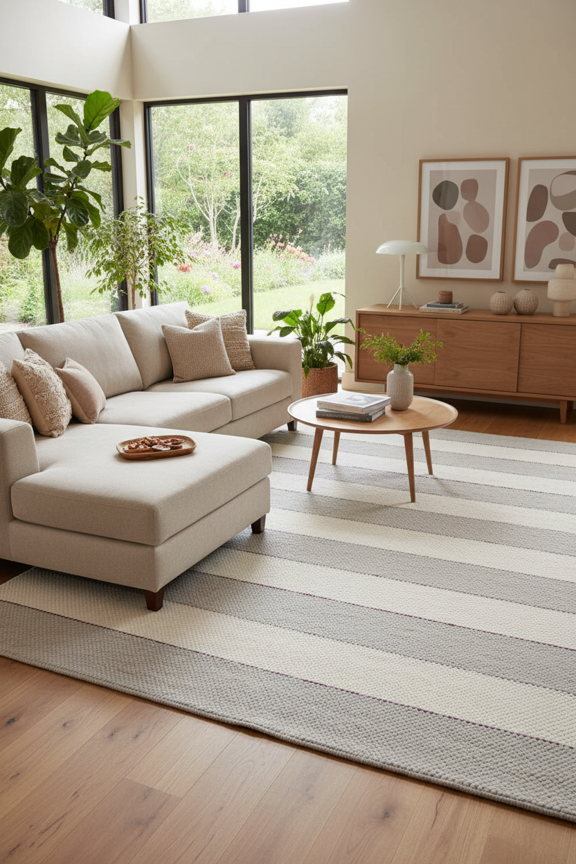 Wohnzimmermit Grau Weiß gestreiften Wohnzimmerteppich