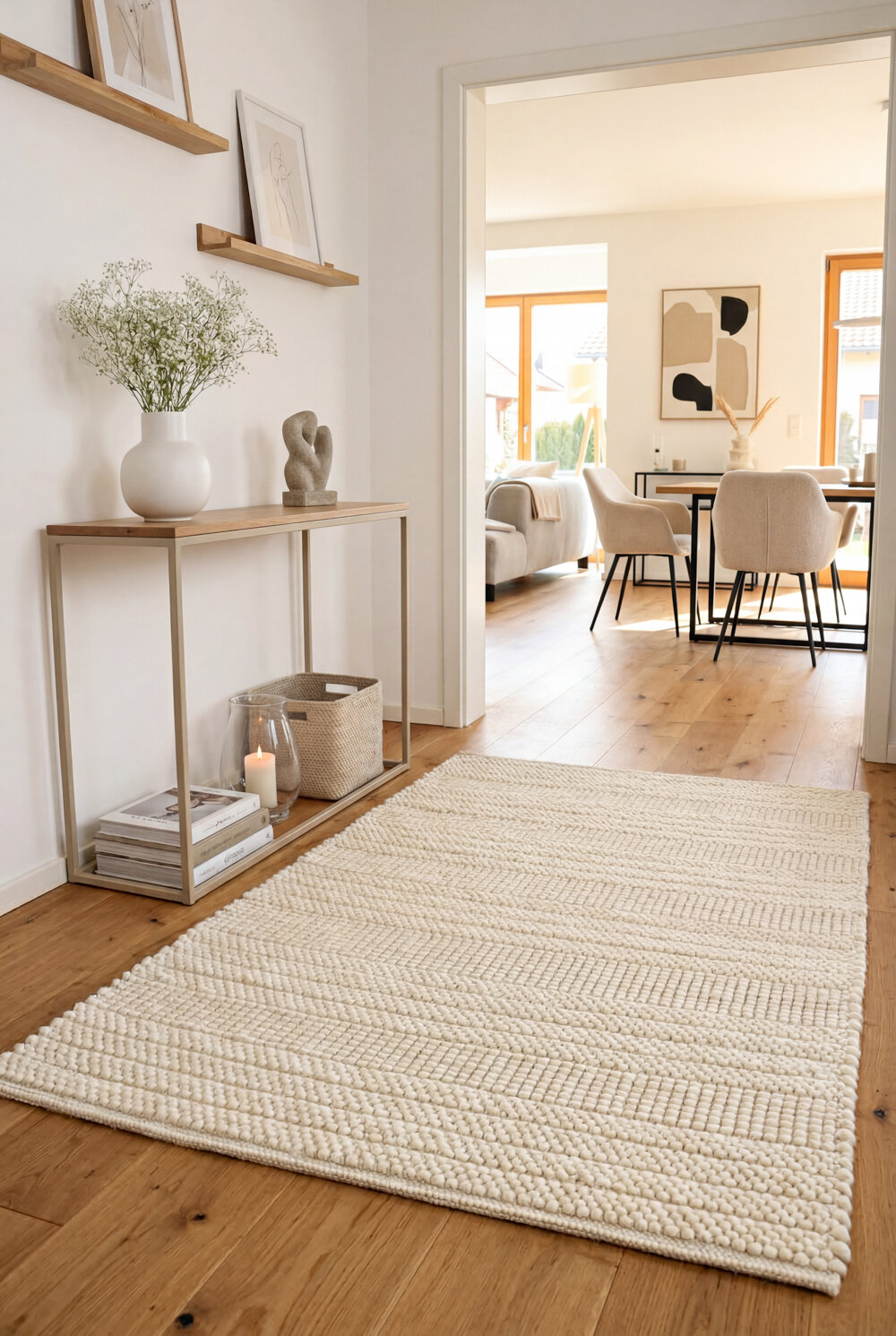 Heller Flur mit minimalistischer skandinavischer Einrichtung und einem weißen Strukturierten Wollteppich