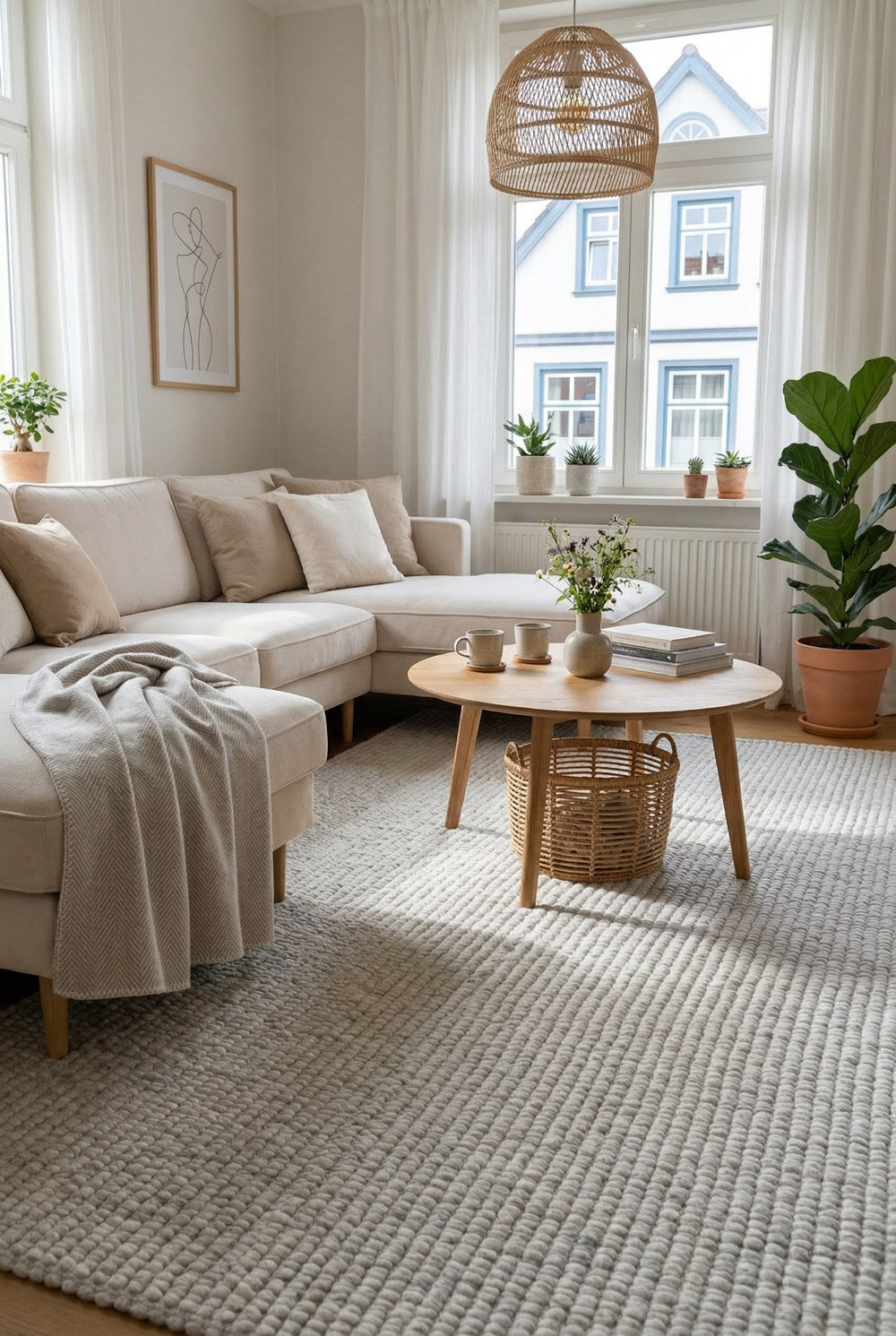 Wohnzimmer mit Hellgrauem Teppich mit spezieller Teppichstruktur in einer Altbauwohnung mit skandinavischem Interior