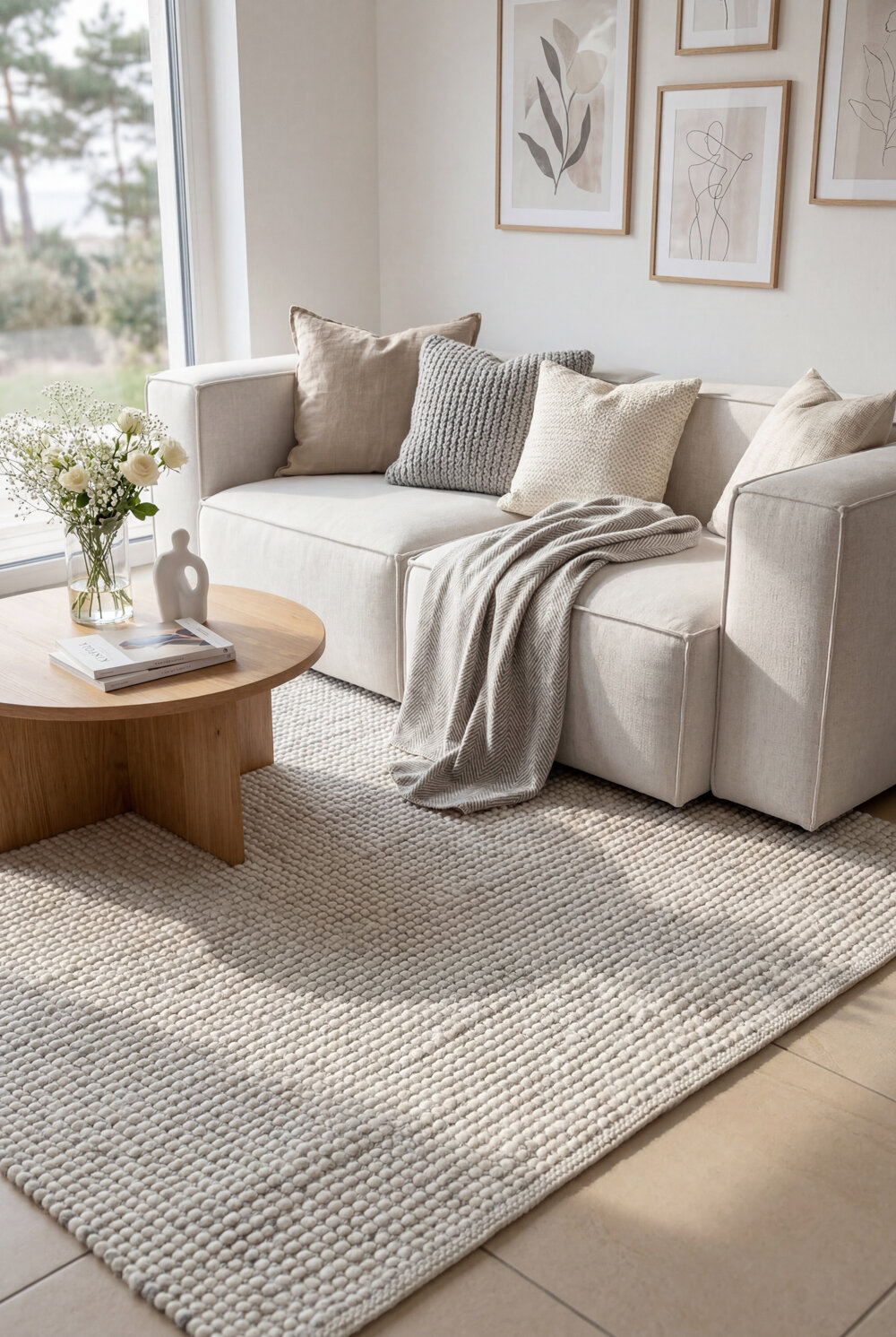 Hellgrauer Wollteppich mit Strukturmusterung in modernem skandi Wohnzimmer