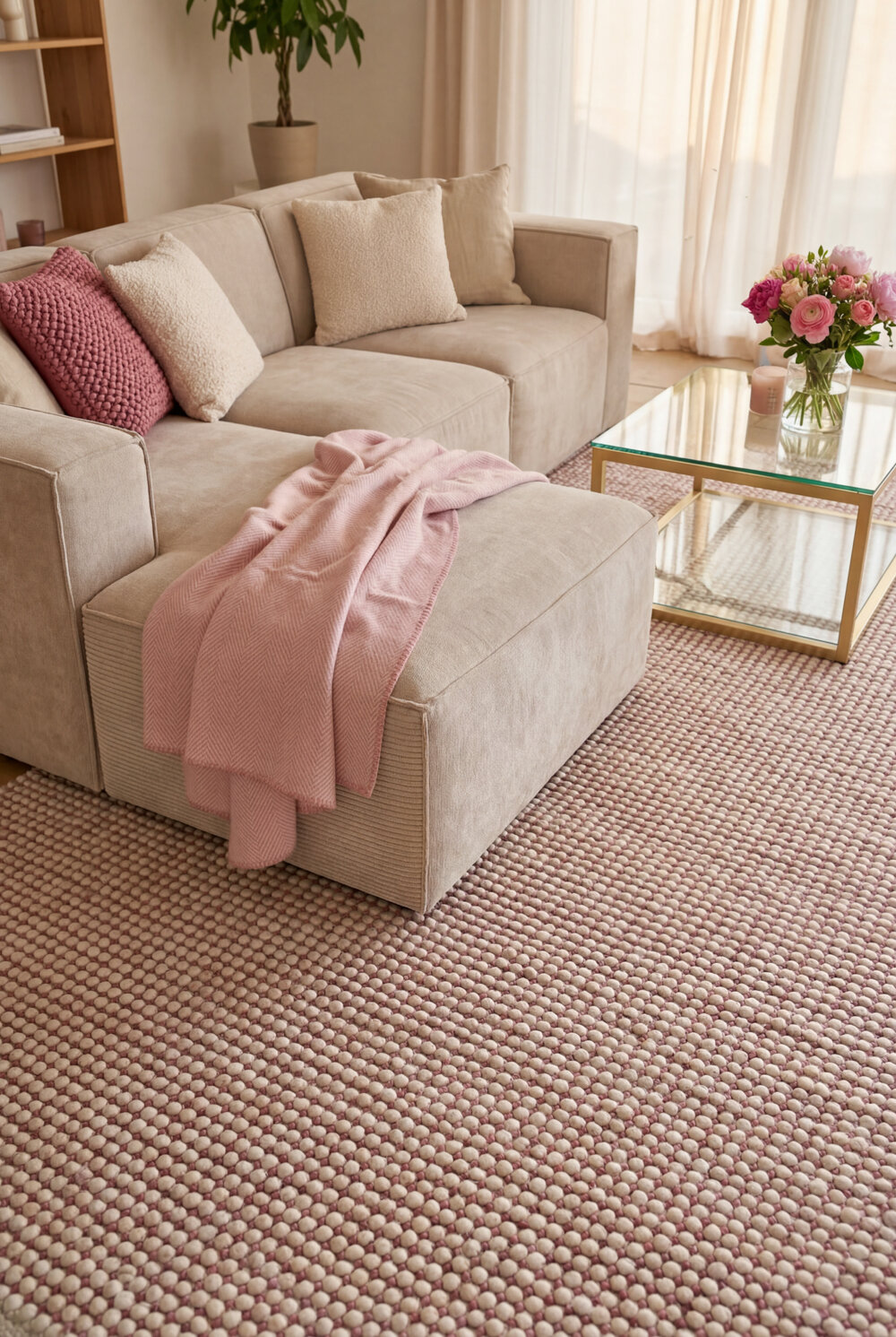 Wohnzimmer in Creme Weißgrau und Rosa Tönen im skandinavischem Stil mit modernem Strukturteppich in rosa weiß und kubischer Couch
