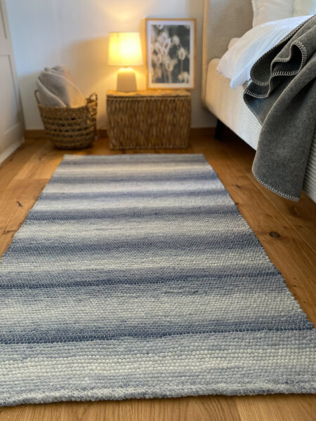 80 x 155 cm - Schafwolltteppich Vintage Blau in dick Standard-Bindung